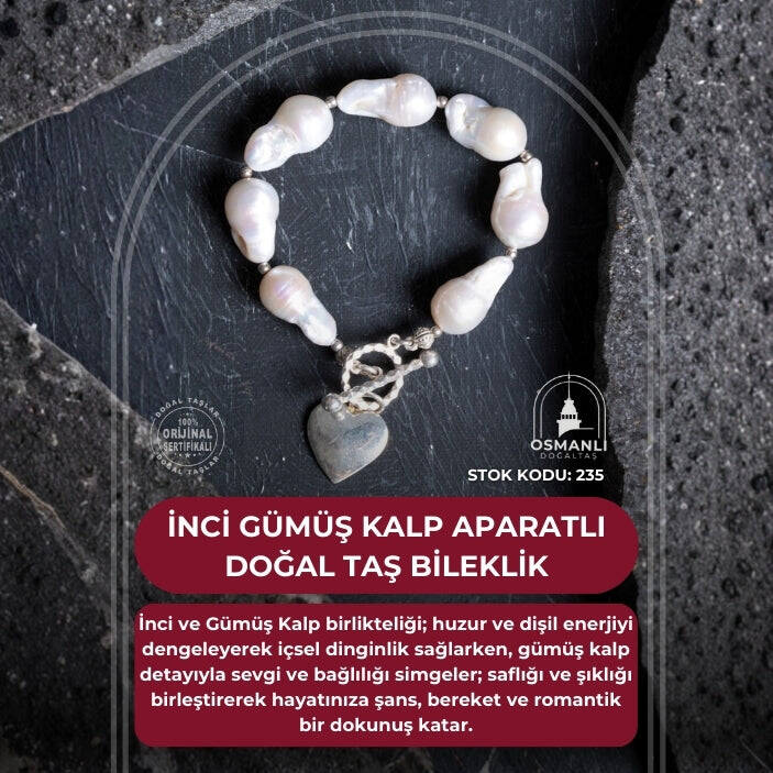 Sertifikalı İnci Gümüş Kalp Aparatlı Doğal Taş Bileklik (SK:235) - 2