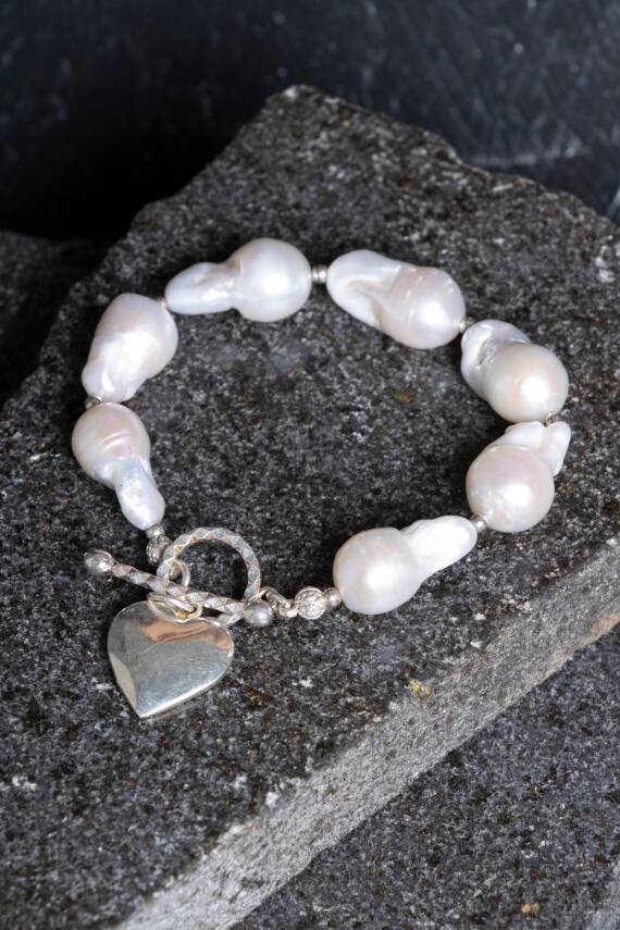 Sertifikalı İnci Gümüş Kalp Aparatlı Doğal Taş Bileklik (SK:235) - 3