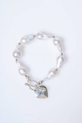 Sertifikalı İnci Gümüş Kalp Aparatlı Doğal Taş Bileklik (SK:235) - 6