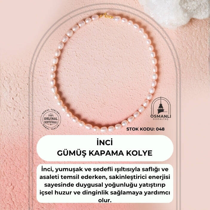 Sertifikalı İnci Gümüş Kapama Doğal Taş Kolye (SK:048) - 2