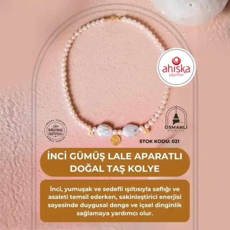 Sertifikalı İnci Gümüş Lale Aparatlı Doğal Taş Kolye (SK021) - 2
