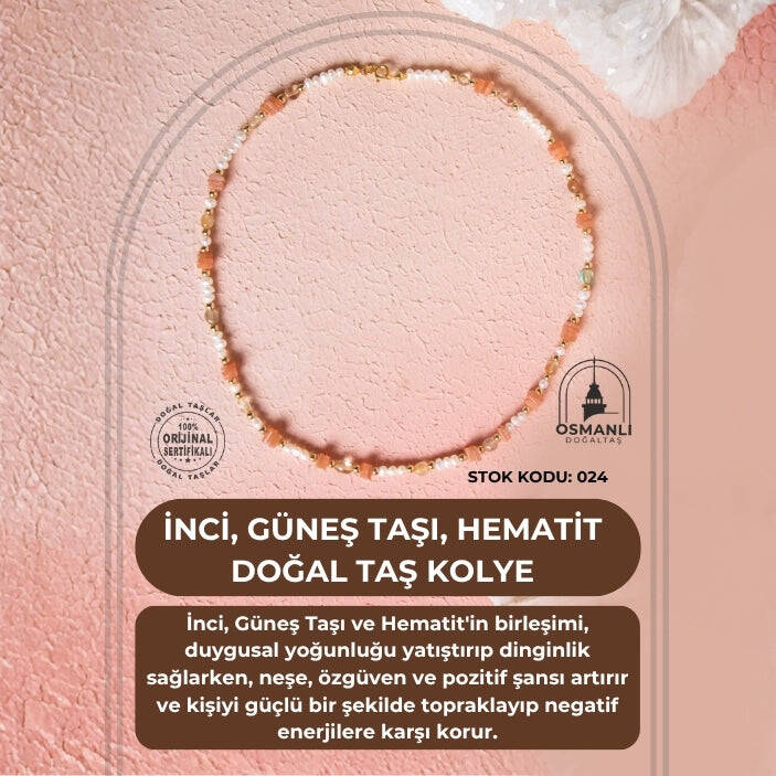 Sertifikalı İnci, Güneş Taşı, Hematit Doğal Taş Kolye (SK:024) - 2