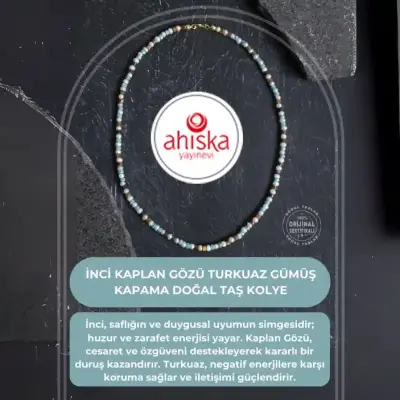 Sertifikalı İnci Kaplan Gözü Turkuaz Gümüş Kapama Doğal Taş Kolye - Doğal Taş (1)