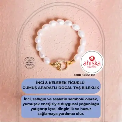 Sertifikalı İnci & Kelebek Figürlü Gümüş Aparatlı Doğal Taş Bileklik (SK051) - Doğal Taş (1)