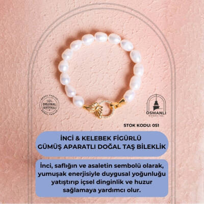 Sertifikalı İnci & Kelebek Figürlü Gümüş Aparatlı Doğal Taş Bileklik (SK:051) - 2