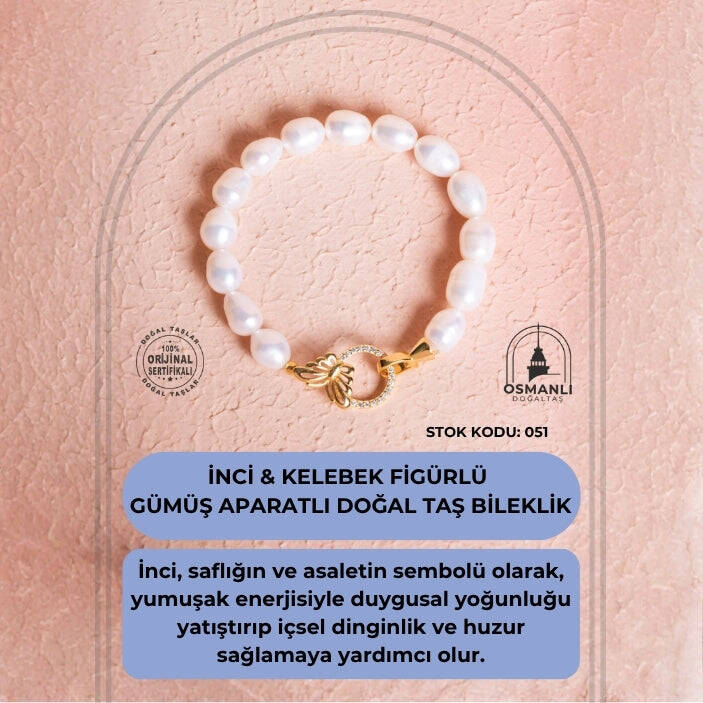 Sertifikalı İnci & Kelebek Figürlü Gümüş Aparatlı Doğal Taş Bileklik (SK:051) - 2