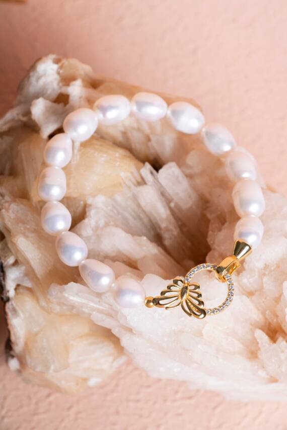 Sertifikalı İnci & Kelebek Figürlü Gümüş Aparatlı Doğal Taş Bileklik (SK:051) - 5