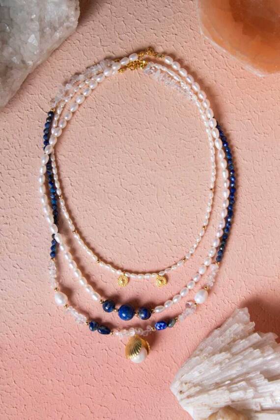 Sertifikalı İnci, Lapis Lazuli, Hematit Gümüş Aparatlı Doğal Taş Kolye (SK018) - 1