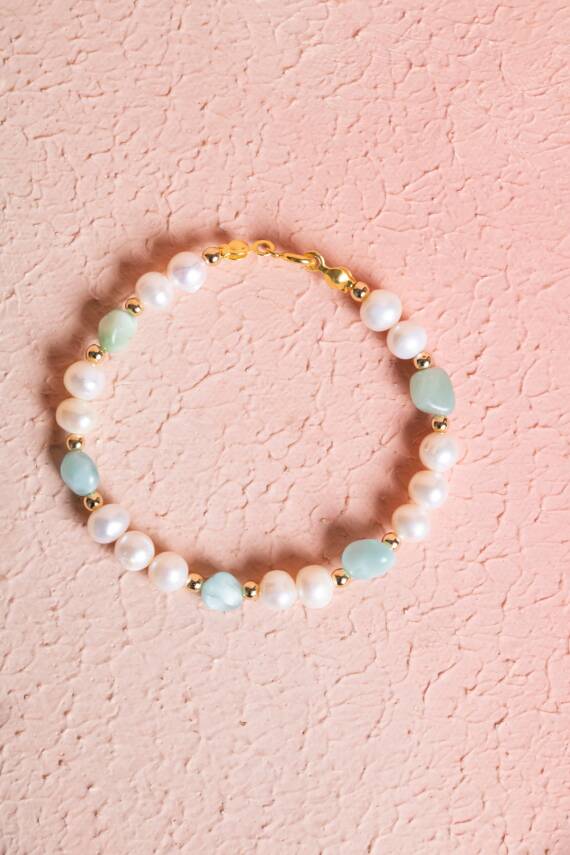 Sertifikalı İnci, Larimar Gümüş Aparatlı Doğal Taş Bileklik (SK:056) - 1