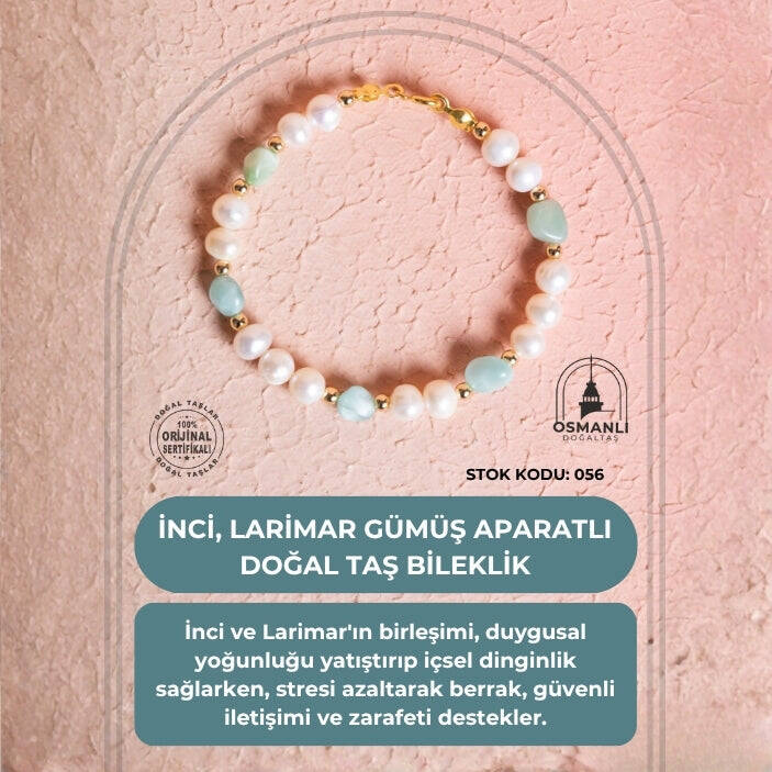 Sertifikalı İnci, Larimar Gümüş Aparatlı Doğal Taş Bileklik (SK:056) - 2