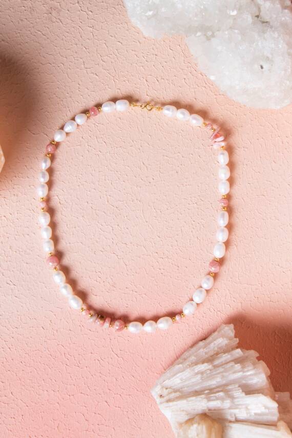 Sertifikalı İnci, Rodokrozit, Hematit Doğal Taş Kolye (SK:046) - 1