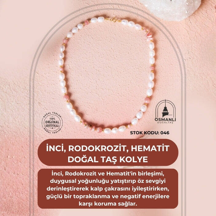 Sertifikalı İnci, Rodokrozit, Hematit Doğal Taş Kolye (SK:046) - 2
