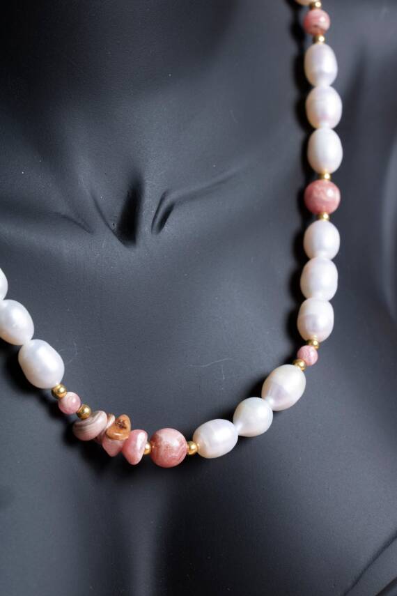 Sertifikalı İnci, Rodokrozit, Hematit Doğal Taş Kolye (SK:046) - 4