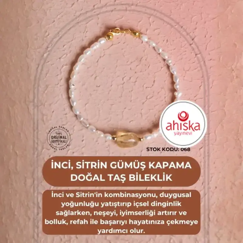 Sertifikalı İnci, Sitrin Gümüş Kapama Doğal Taş Bileklik (SK068) - 2