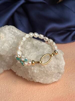 Sertifikalı İnci, Turkuaz Zirkon Aparatlı Gümüş Detaylı Doğal Taş Bileklik (SK:441) - Osmanlı Doğal Taş