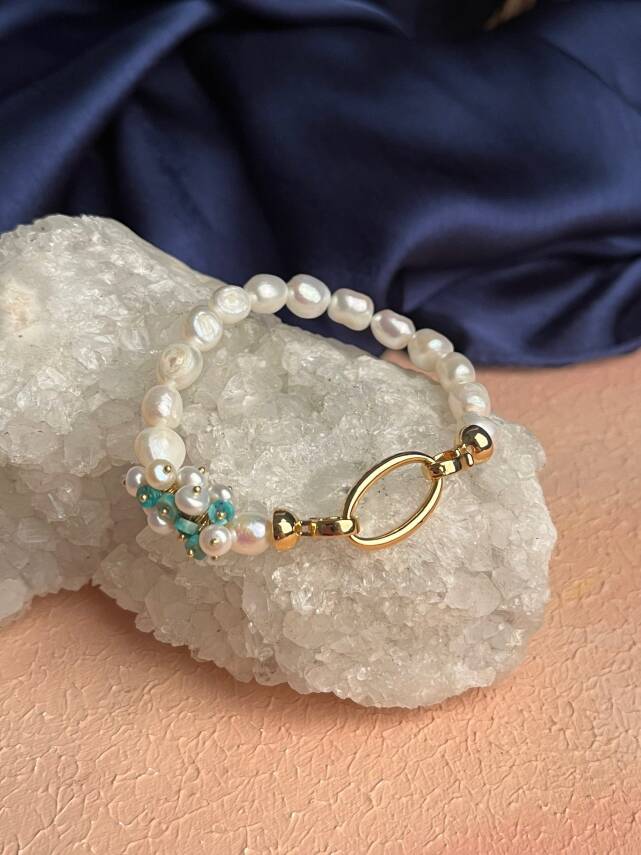 Sertifikalı İnci, Turkuaz Zirkon Aparatlı Gümüş Detaylı Doğal Taş Bileklik (SK:441) - 1