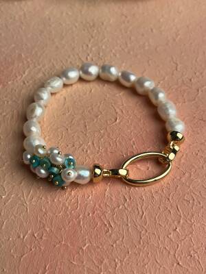 Sertifikalı İnci, Turkuaz Zirkon Aparatlı Gümüş Detaylı Doğal Taş Bileklik (SK:441) - 2