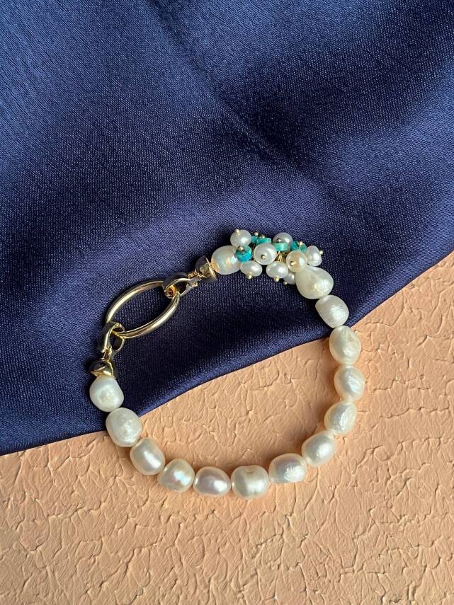 Sertifikalı İnci, Turkuaz Zirkon Aparatlı Gümüş Detaylı Doğal Taş Bileklik (SK:441) - 3