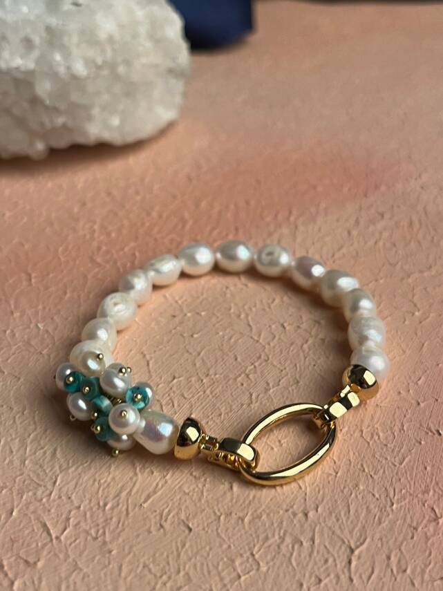 Sertifikalı İnci, Turkuaz Zirkon Aparatlı Gümüş Detaylı Doğal Taş Bileklik (SK:441) - 5