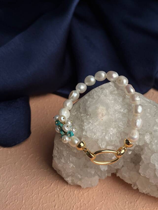 Sertifikalı İnci, Turkuaz Zirkon Aparatlı Gümüş Detaylı Doğal Taş Bileklik (SK:441) - 6