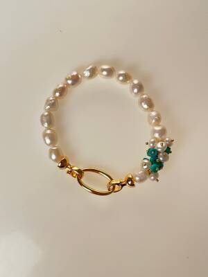 Sertifikalı İnci, Turkuaz Zirkon Aparatlı Gümüş Detaylı Doğal Taş Bileklik (SK:441) - 7