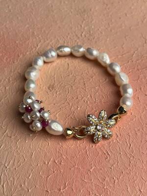 Sertifikalı İnci, Yakut Zirkon Çiçek Aparatlı Gümüş Detaylı Doğal Taş Bileklik (SK:440) - 3