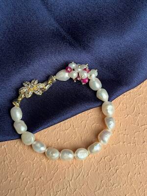 Sertifikalı İnci, Yakut Zirkon Çiçek Aparatlı Gümüş Detaylı Doğal Taş Bileklik (SK:440) - 4