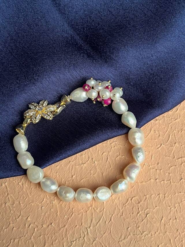 Sertifikalı İnci, Yakut Zirkon Çiçek Aparatlı Gümüş Detaylı Doğal Taş Bileklik (SK:440) - 4