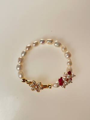 Sertifikalı İnci, Yakut Zirkon Çiçek Aparatlı Gümüş Detaylı Doğal Taş Bileklik (SK:440) - 5