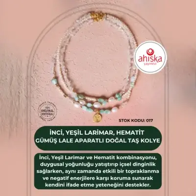 Sertifikalı İnci, Yeşil Larimar, Hematit Gümüş Lale Aparatlı Doğal Taş Kolye (SK017) - Doğal Taş (1)
