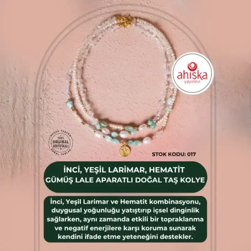 Sertifikalı İnci, Yeşil Larimar, Hematit Gümüş Lale Aparatlı Doğal Taş Kolye (SK017) - 2