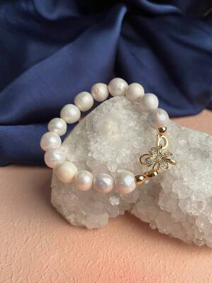 Sertifikalı İnci Zirkon Çiçek Aparatlı Doğal Taş Bileklik (SK:442) - Osmanlı Doğal Taş