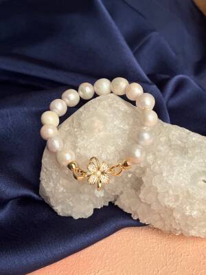 Sertifikalı İnci Zirkon Çiçek Aparatlı Doğal Taş Bileklik (SK:442) - 2