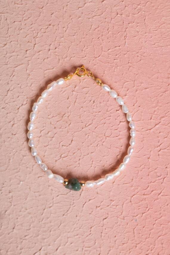 Sertifikalı İnci, Zümrüt Gümüş Kapama Doğal Taş Bileklik (SK:066) - 1