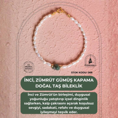 Sertifikalı İnci, Zümrüt Gümüş Kapama Doğal Taş Bileklik (SK:066) - 2