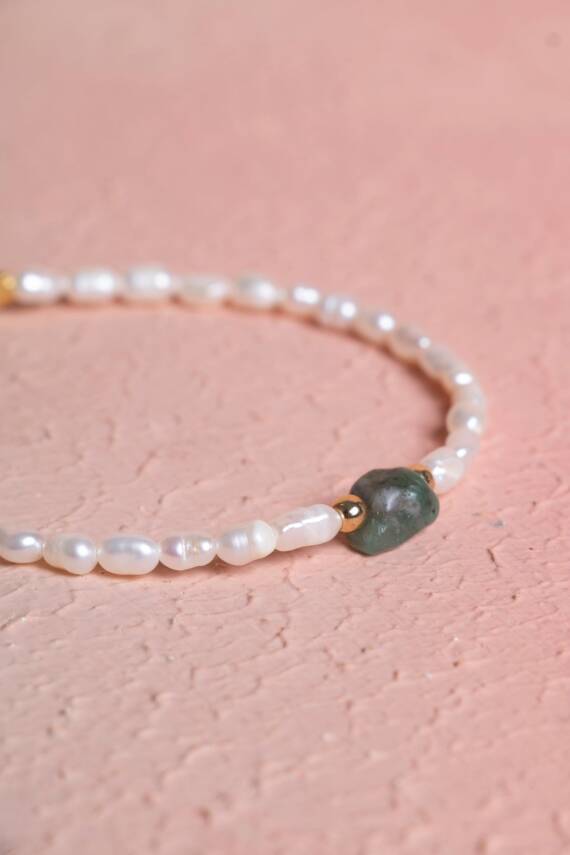 Sertifikalı İnci, Zümrüt Gümüş Kapama Doğal Taş Bileklik (SK:066) - 3