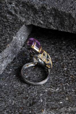 Sertifikalı İridyumlu Ametist Özel Tasarım Gümüş Yüzük (Kadın) (SK:005) - 3