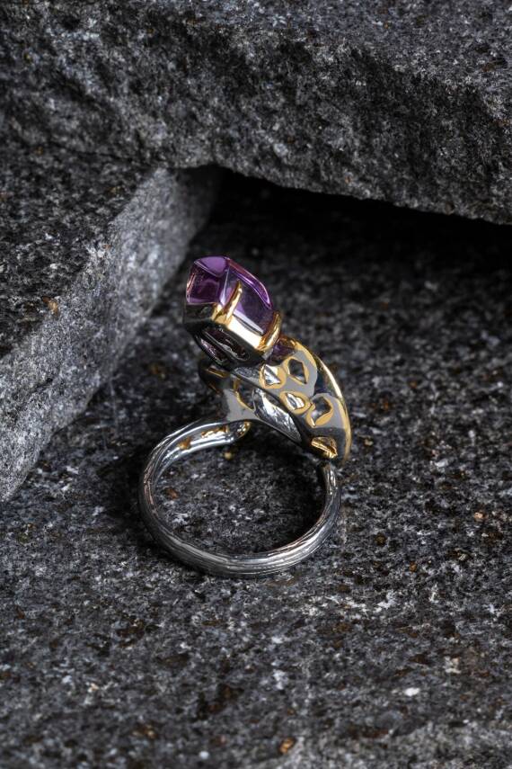 Sertifikalı İridyumlu Ametist Özel Tasarım Gümüş Yüzük (Kadın) (SK:005) - 3