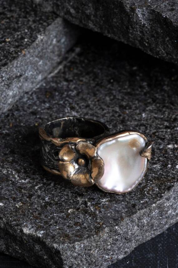 Sertifikalı İridyumlu Gümüş İnci Özel Tasarım Yüzük (Kadın) - 1