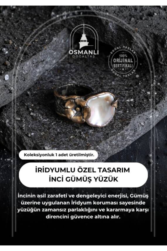 Sertifikalı İridyumlu Gümüş İnci Özel Tasarım Yüzük (Kadın) - 2