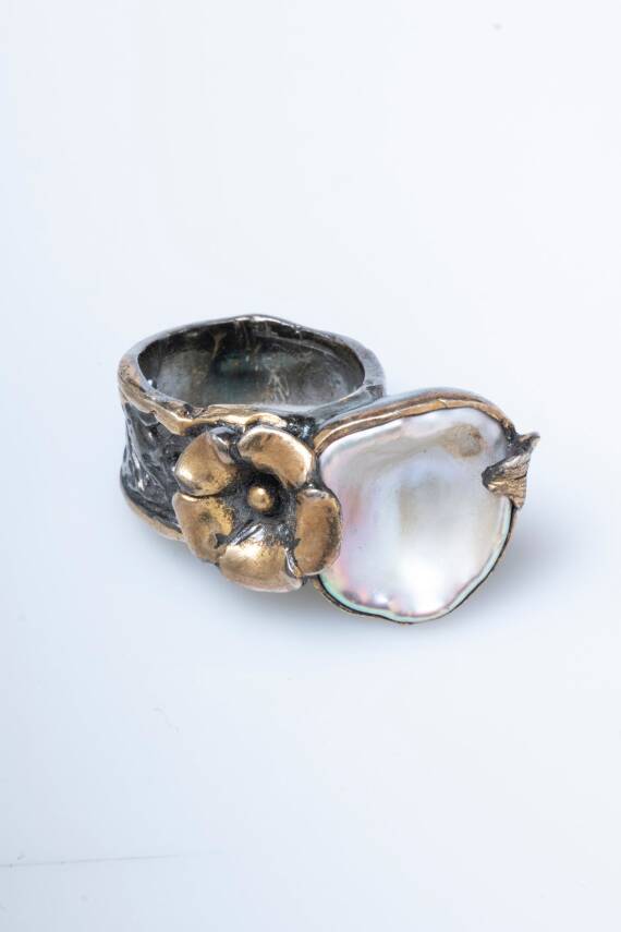 Sertifikalı İridyumlu Gümüş İnci Özel Tasarım Yüzük (Kadın) - 6