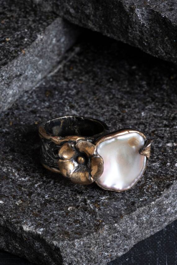 Sertifikalı İridyumlu Gümüş İnci Özel Tasarım Yüzük - 1