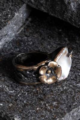 Sertifikalı İridyumlu Gümüş İnci Özel Tasarım Yüzük - 3