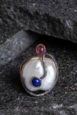 Sertifikalı İridyumlu İnci, Turmalin, Lapis Lazuli Özel Tasarım Gümüş Yüzük (Kadın) (SK:006) - Osmanlı Doğal Taş