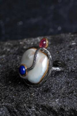 Sertifikalı İridyumlu İnci, Turmalin, Lapis Lazuli Özel Tasarım Gümüş Yüzük (Kadın) (SK:006) - 3