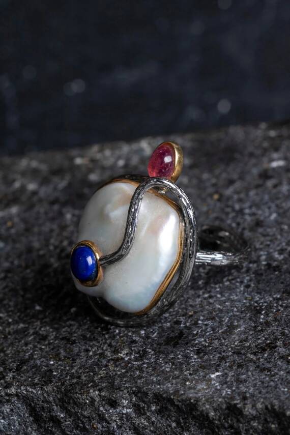 Sertifikalı İridyumlu İnci, Turmalin, Lapis Lazuli Özel Tasarım Gümüş Yüzük (Kadın) (SK:006) - 3