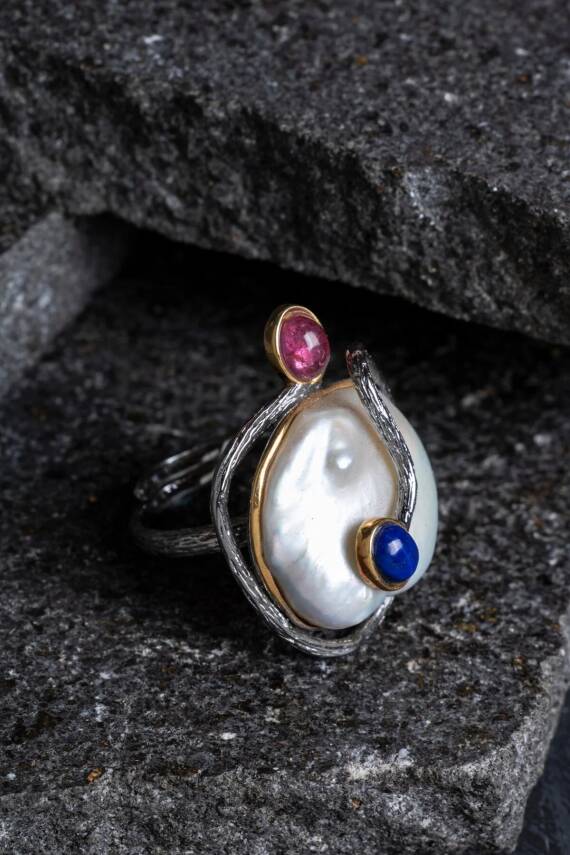 Sertifikalı İridyumlu İnci, Turmalin, Lapis Lazuli Özel Tasarım Gümüş Yüzük (Kadın) (SK:006) - 5