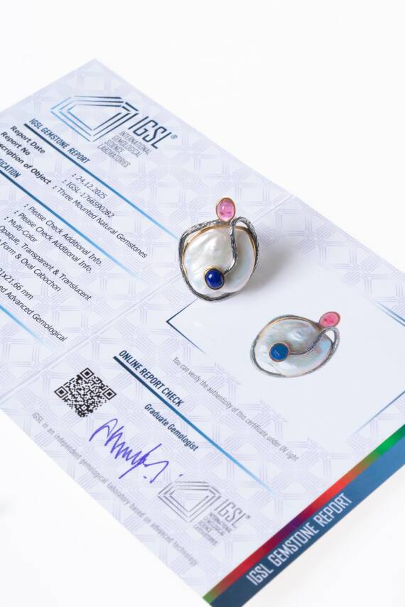 Sertifikalı İridyumlu İnci, Turmalin, Lapis Lazuli Özel Tasarım Gümüş Yüzük (Kadın) (SK:006) - 6