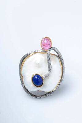 Sertifikalı İridyumlu İnci, Turmalin, Lapis Lazuli Özel Tasarım Gümüş Yüzük (Kadın) (SK:006) - 7