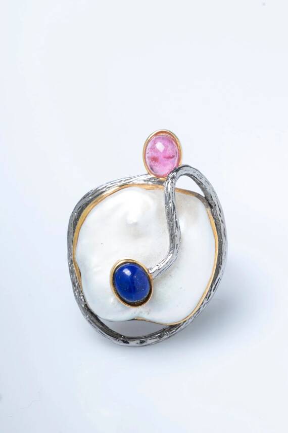 Sertifikalı İridyumlu İnci, Turmalin, Lapis Lazuli Özel Tasarım Gümüş Yüzük (Kadın) (SK:006) - 7